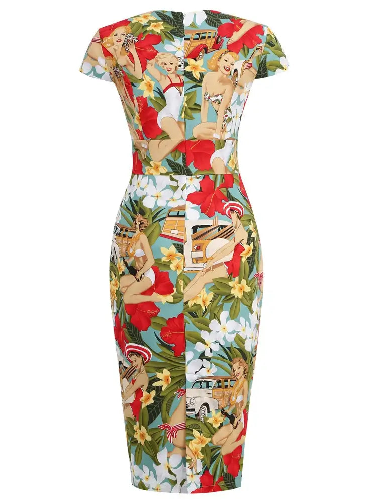 Tropical Pinups Pencil Dress featuring vintage pin-up girls and floral patterns in vibrant colors.