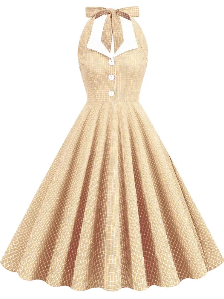 Vintage Beige Halter Swing Dress with Pockets featuring a playful check pattern and A-line silhouette.