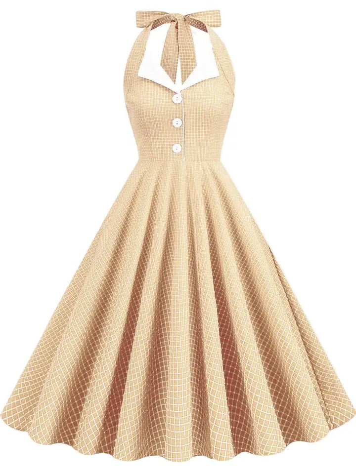 Vintage Beige Halter Swing Dress with Pockets featuring a playful check pattern and A-line silhouette.