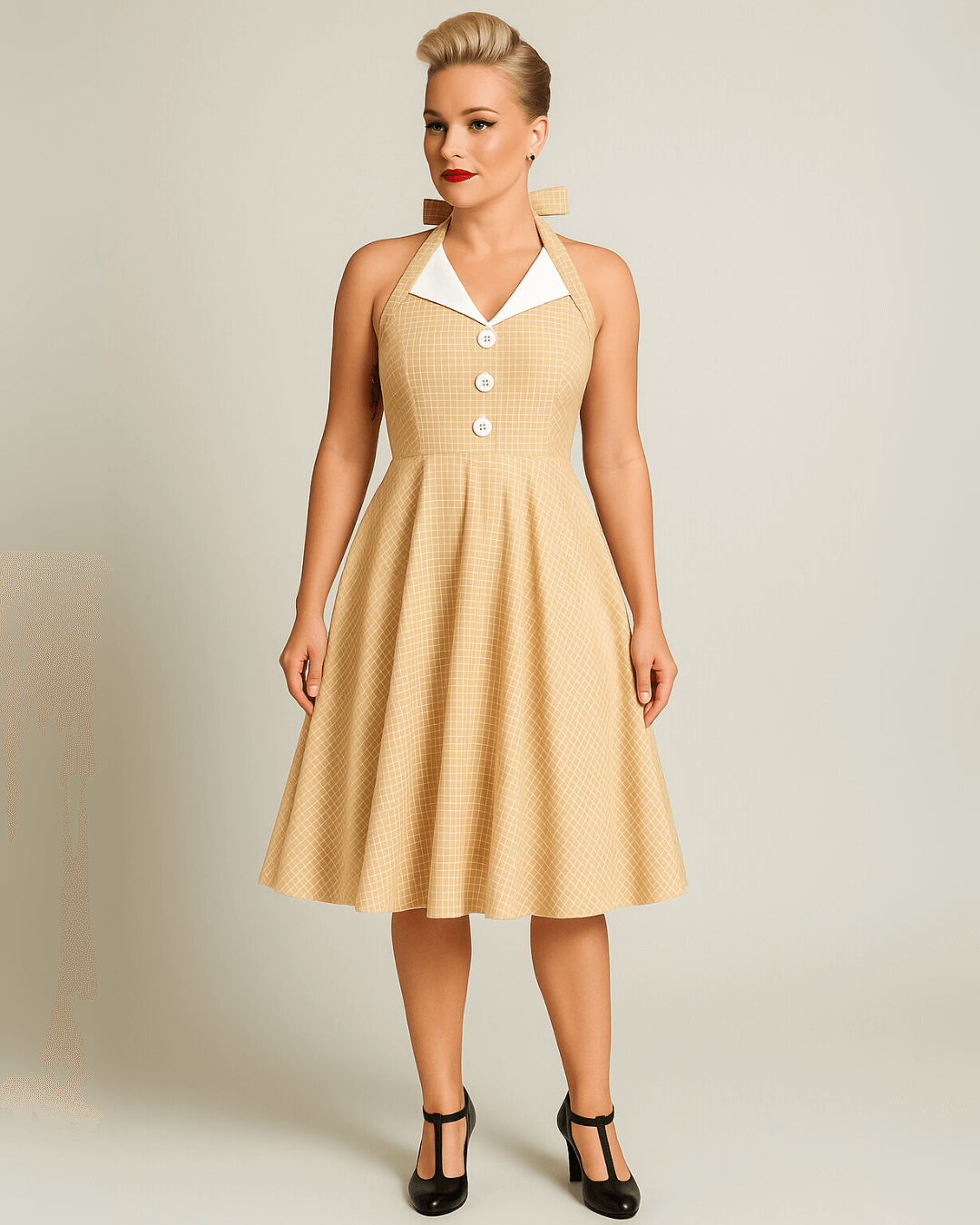 Vintage Beige Halter Swing Dress with Pockets featuring a playful check pattern and flattering A-line silhouette.