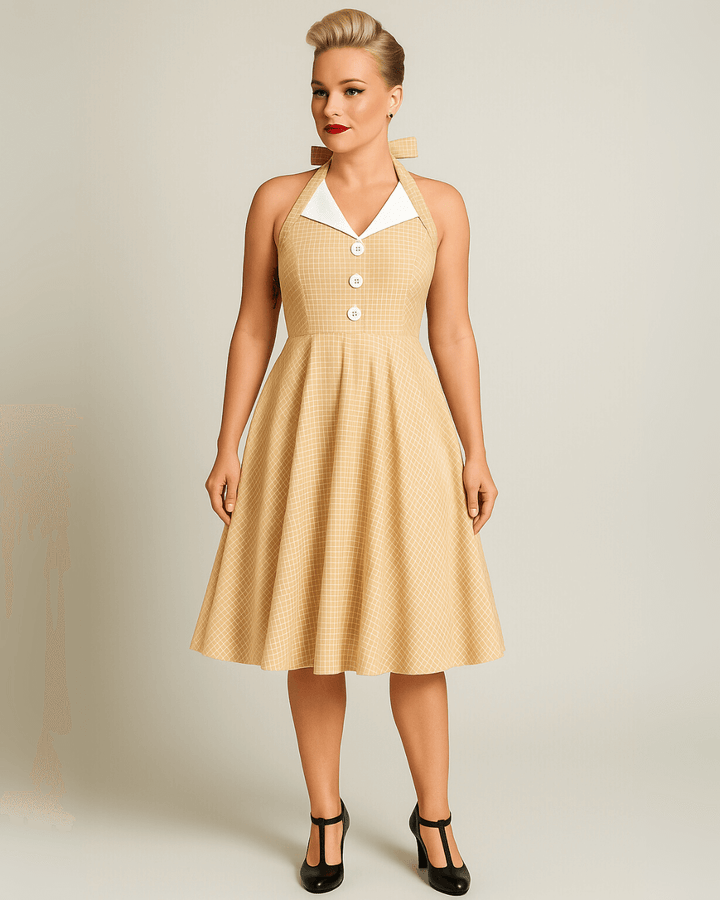 Vintage Beige Halter Swing Dress with Pockets featuring a playful check pattern and flattering A-line silhouette.