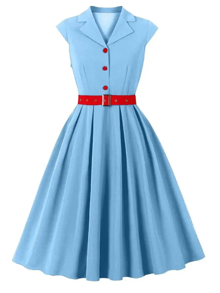 Vintage Blue Swing Dress With Pockets featuring cap sleeves, a collar, decorative buttons, and a red belt.