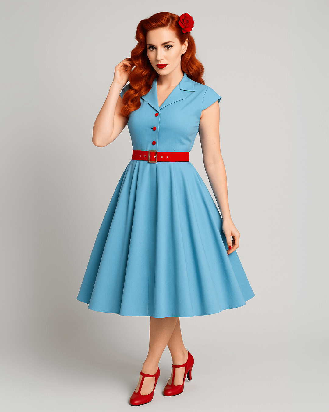 Vintage Blue Swing Dress With Pockets - A-line silhouette with turn-down collar and red belt, perfect for summer occasions.