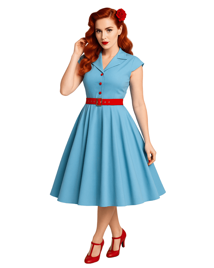 Vintage Blue Swing Dress With Pockets featuring a fitted bodice, bell skirt, and red belt for a classic look.
