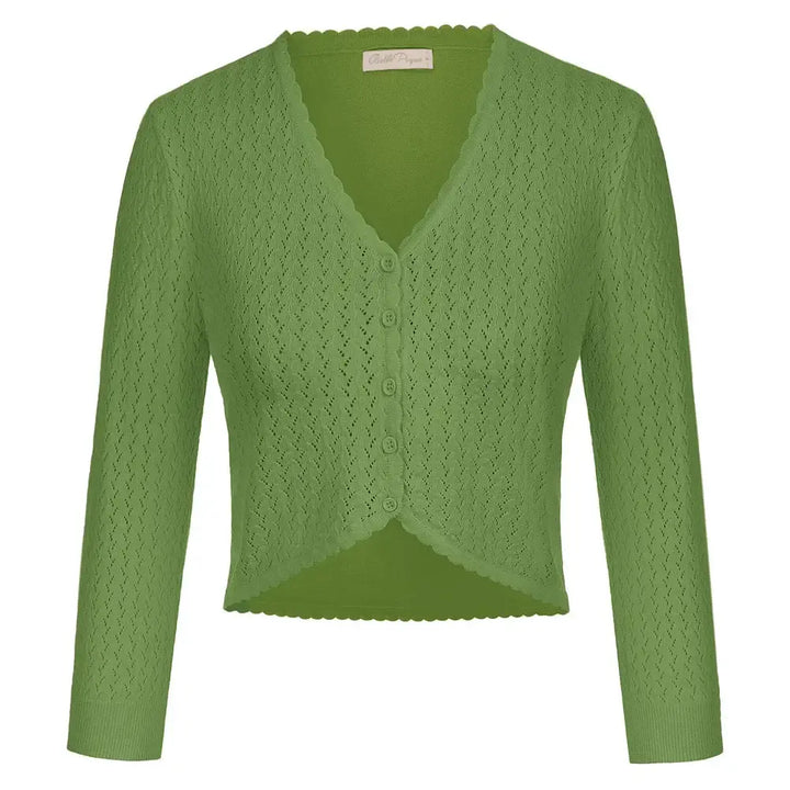 Vintage-inspired green knit bolero with V-neckline and 3/4 sleeves, perfect for autumn and winter layering.