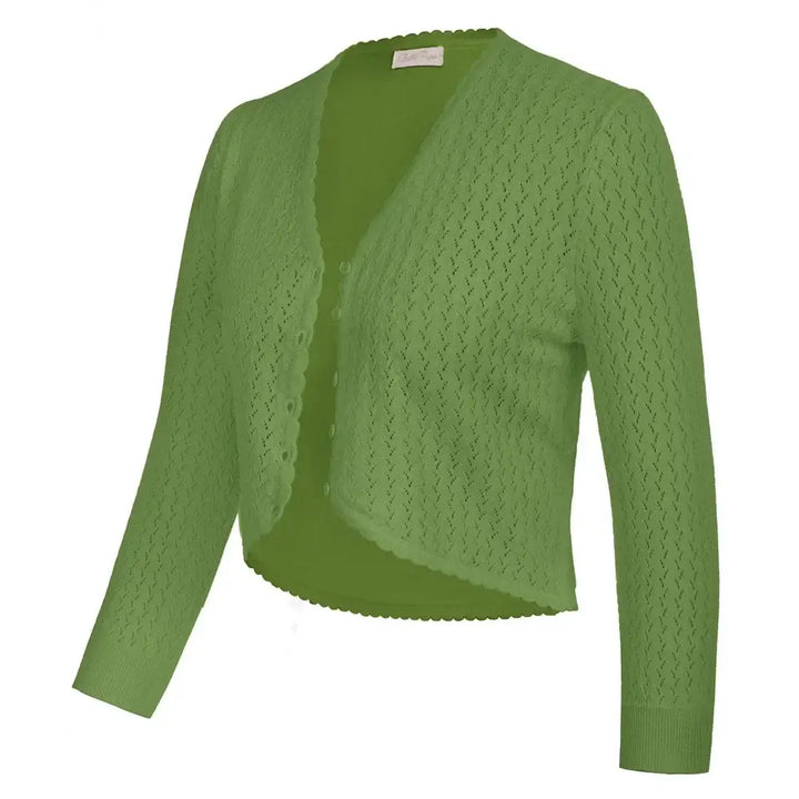 Vintage-inspired green knit bolero shrug with V-neckline and 3/4 sleeves, perfect for autumn and winter outfits.