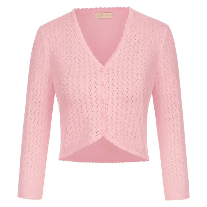 Vintage-inspired pink knit bolero with V-neck, 3/4 sleeves, and delicate detailing for autumn style.