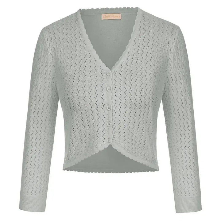 Vintage-inspired knit bolero in light grey, featuring a V-neckline and 3/4 sleeves for stylish layering.