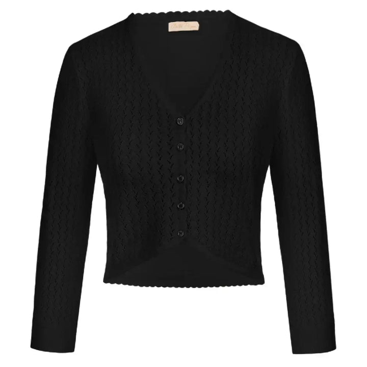 Vintage-inspired black knit bolero with V-neckline and 3/4 sleeves, perfect for autumn and winter outfits.
