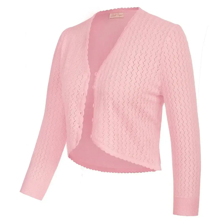 Vintage-inspired pink knit bolero, 3/4 sleeve, V-neck, slim fit for autumn and winter outfits.