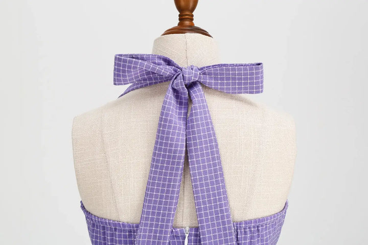 Vintage Lavender Halter Swing Dress with Pockets back view halter neckline detail with bow tie
