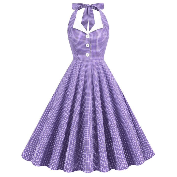 Vintage Lavender Halter Swing Dress with Pockets featuring a playful white check pattern and flattering A-line silhouette.