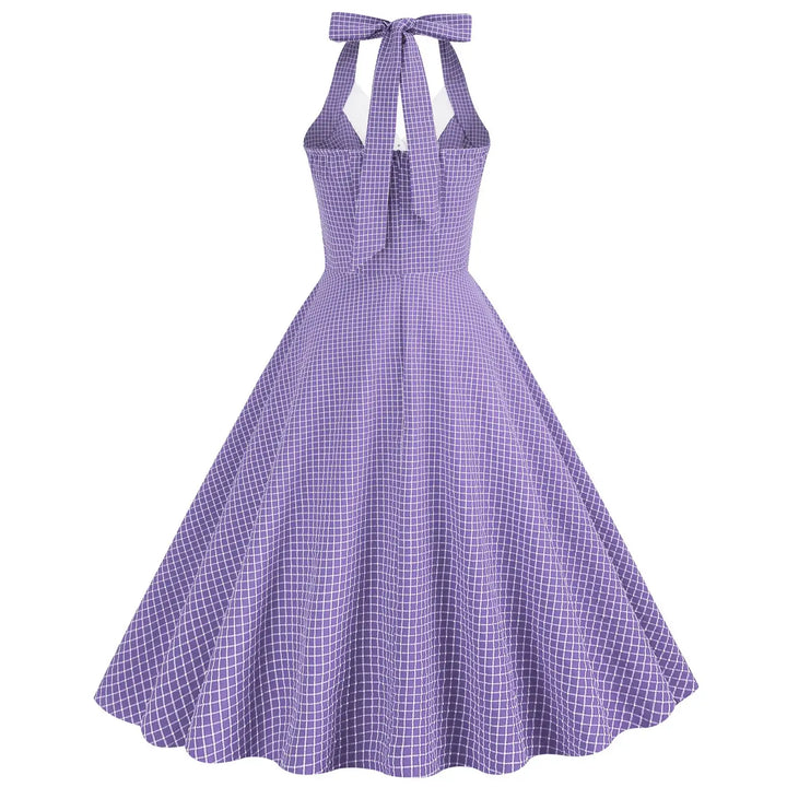 Vintage Lavender Halter Swing Dress with Pockets in playful white check pattern.
