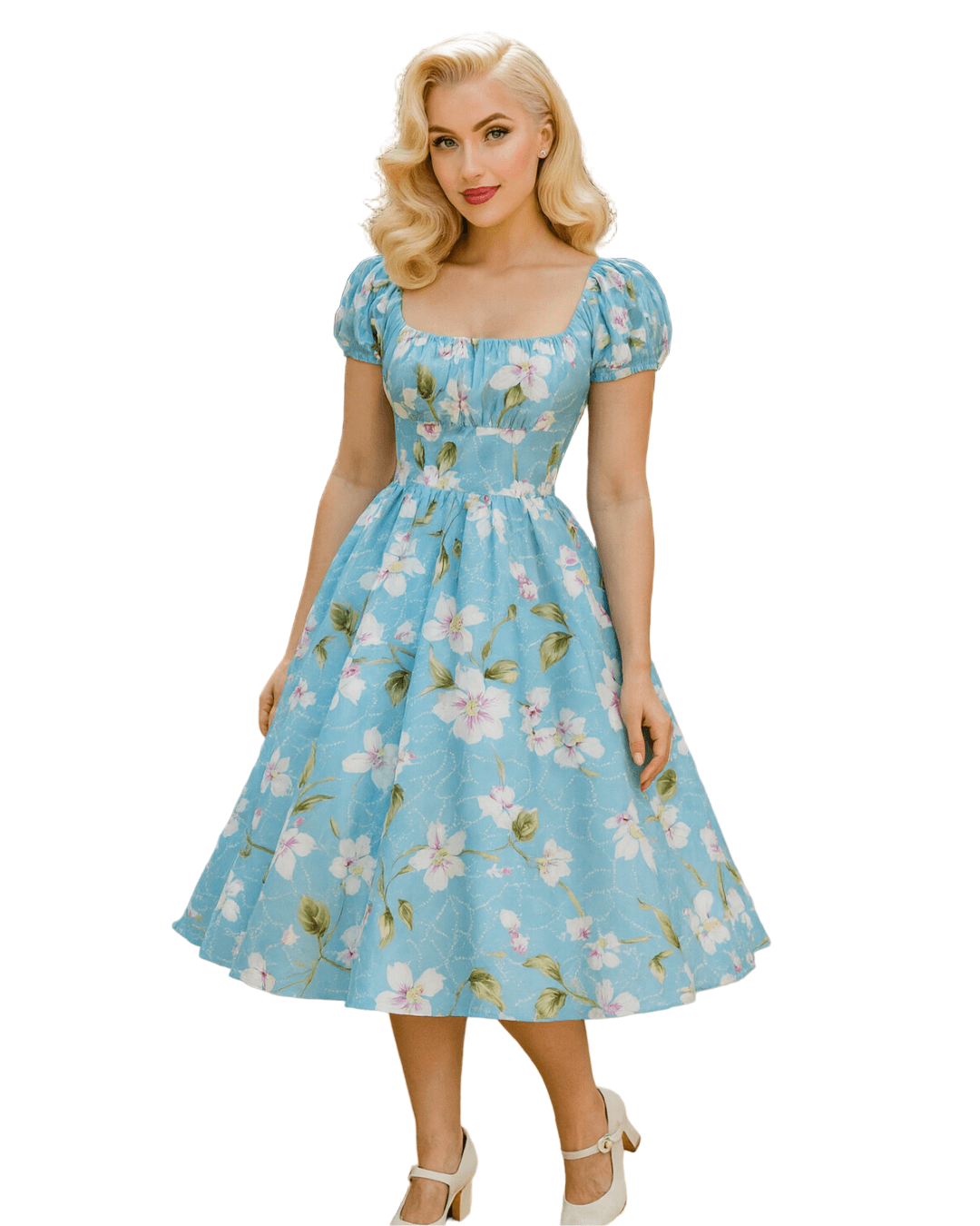 Vintage Peasant Style Blue Floral Dress showcasing a light blue floral design, with puff sleeves and a square neckline.