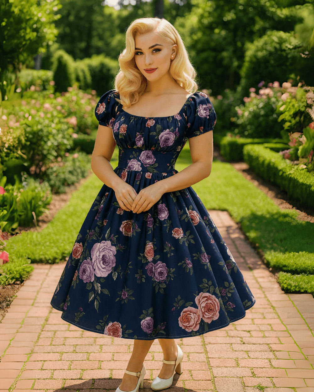 Vintage Peasant Style Navy Rose Dress displayed in a garden, featuring a navy floral print, square neckline, and puff sleeves.