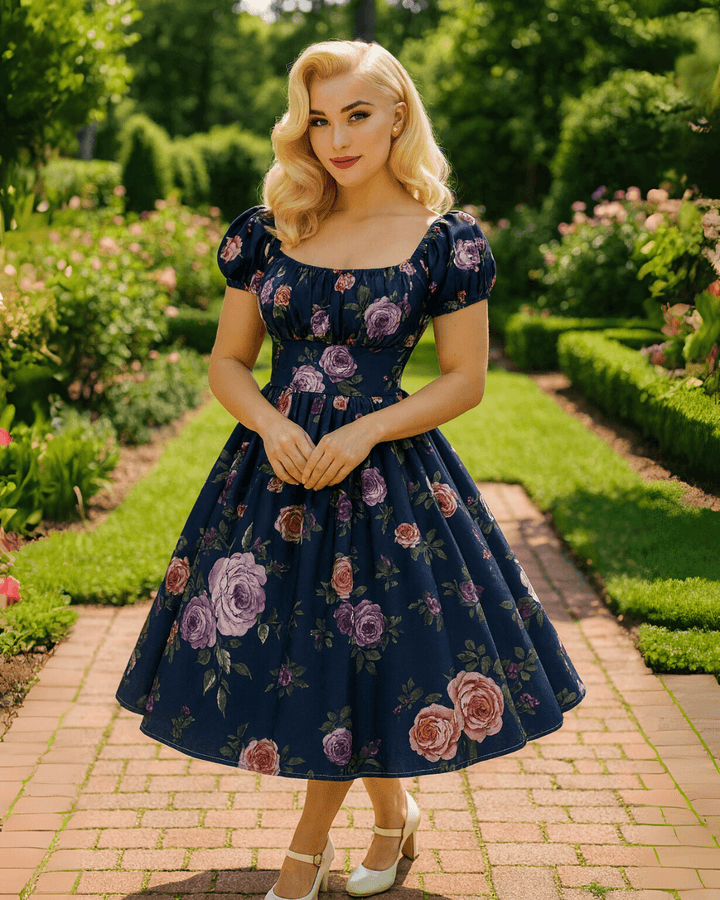Vintage Peasant Style Navy Rose Dress displayed in a garden, featuring a navy floral print, square neckline, and puff sleeves.
