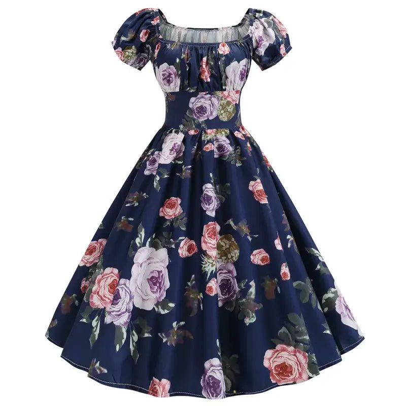 Vintage Peasant Style Navy Rose Dress featuring A-line silhouette and floral print in navy blue.