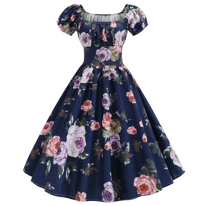Vintage Peasant Style Navy Rose Dress featuring A-line silhouette and floral print in navy blue.