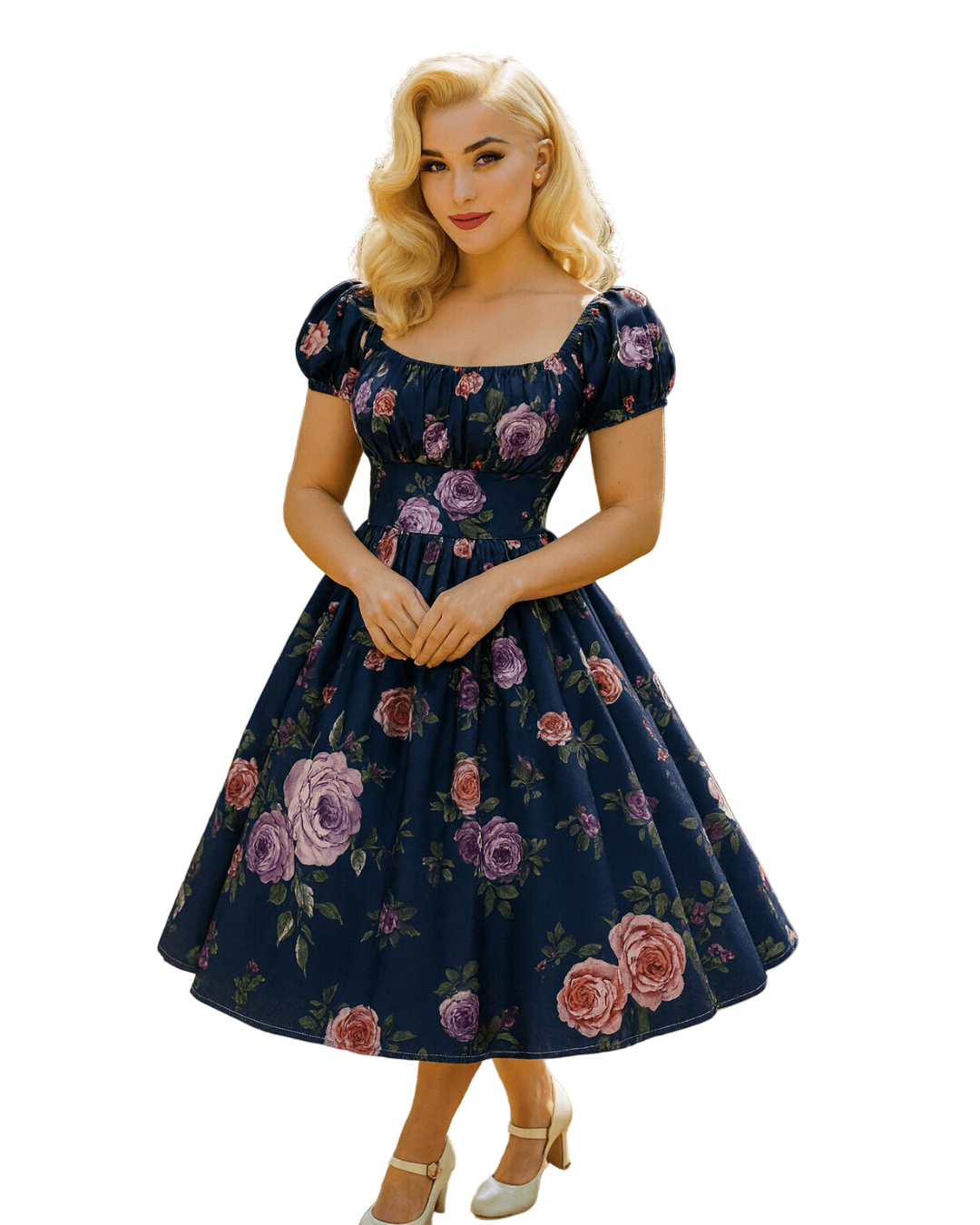 Vintage Peasant Style Navy Rose Dress model showcases a floral print in a knee-length silhouette with puff sleeves.
