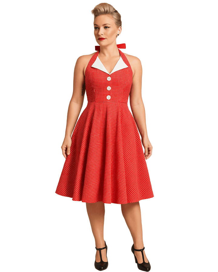 Vintage Red Halter Swing Dress with Pockets, showcasing a retro style with a playful white check pattern and flattering A-line silhouette.