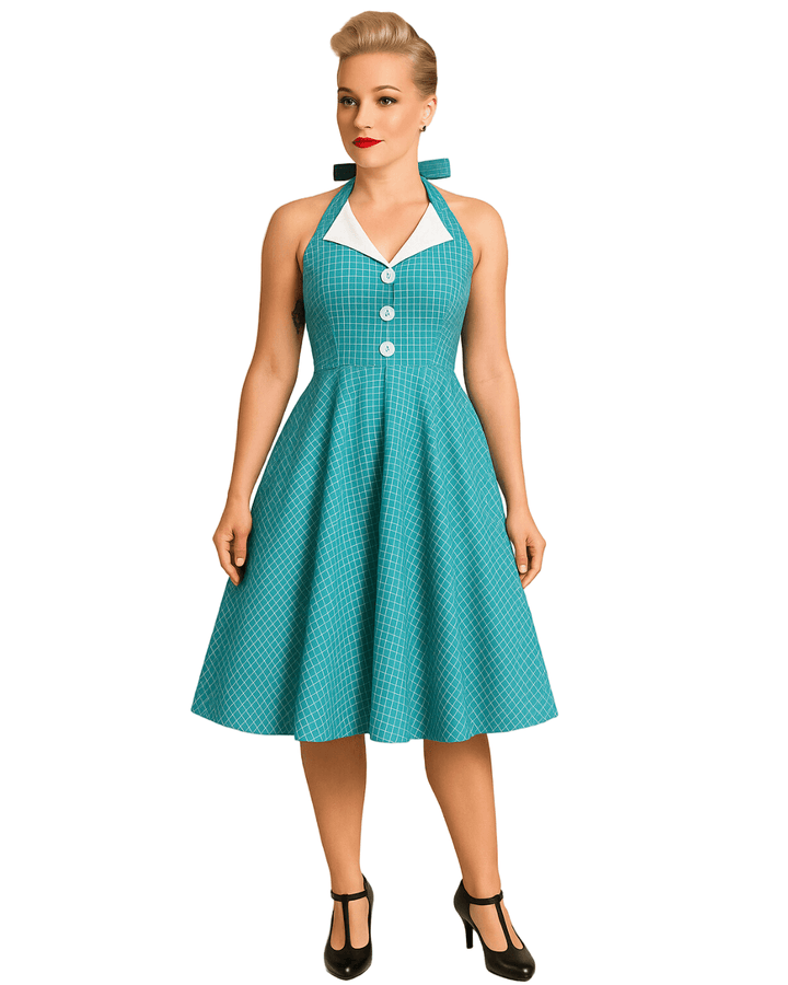 Vintage Teal Halter Swing Dress with Pockets showcasing a playful white check pattern and flattering A-line silhouette.