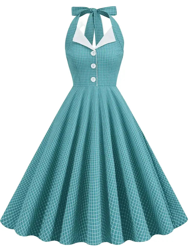 Vintage Teal Halter Swing Dress with Pockets featuring a playful white check pattern and flattering A-line silhouette.