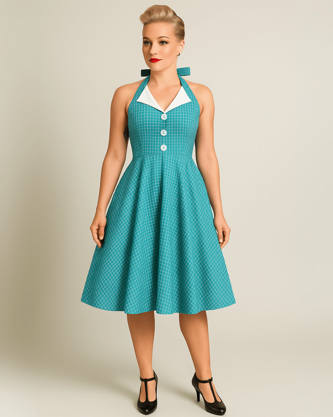 Vintage Teal Halter Swing Dress with Pockets worn by a model, featuring a playful check pattern and A-line silhouette.
