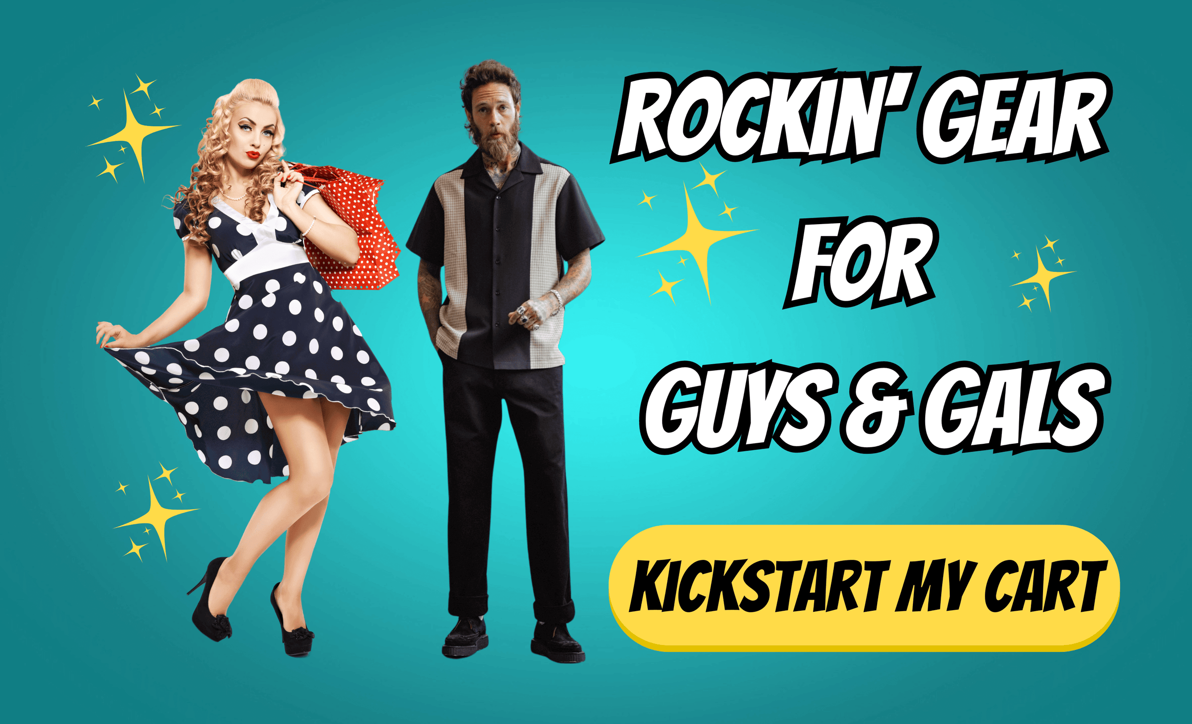 Vintage-style clothing for men and women with bold text promoting "Rockin' Gear" and "Kickstart My Cart".