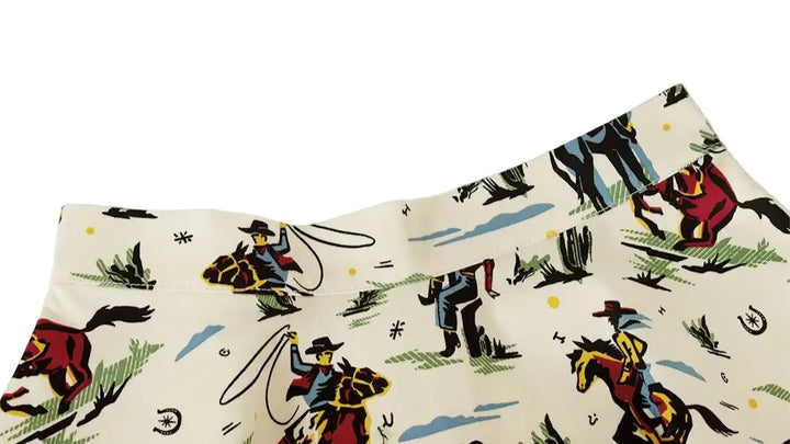 Western Cowboy Flared Skirt featuring playful cowboy print with horses and lasso designs on a cream background.