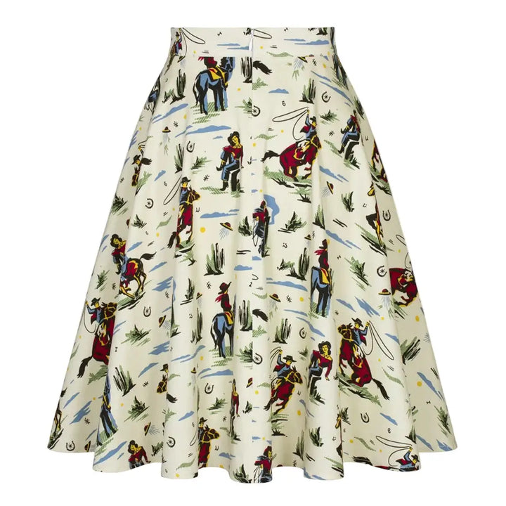 Western Cowboy Flared Skirt with vintage cowboy print, perfect for retro-inspired outfits and country charm.