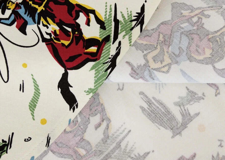 Colorful fabric patterns featuring vintage cowboy themes for the Western Cowboy Flared Skirt.