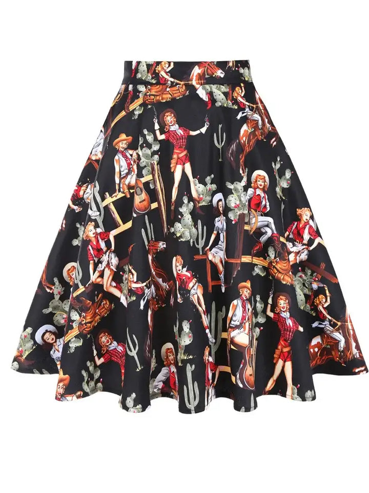 Western cowgirl flared skirt in black with unique western print, featuring knee-length A-line silhouette and cotton-spandex blend.