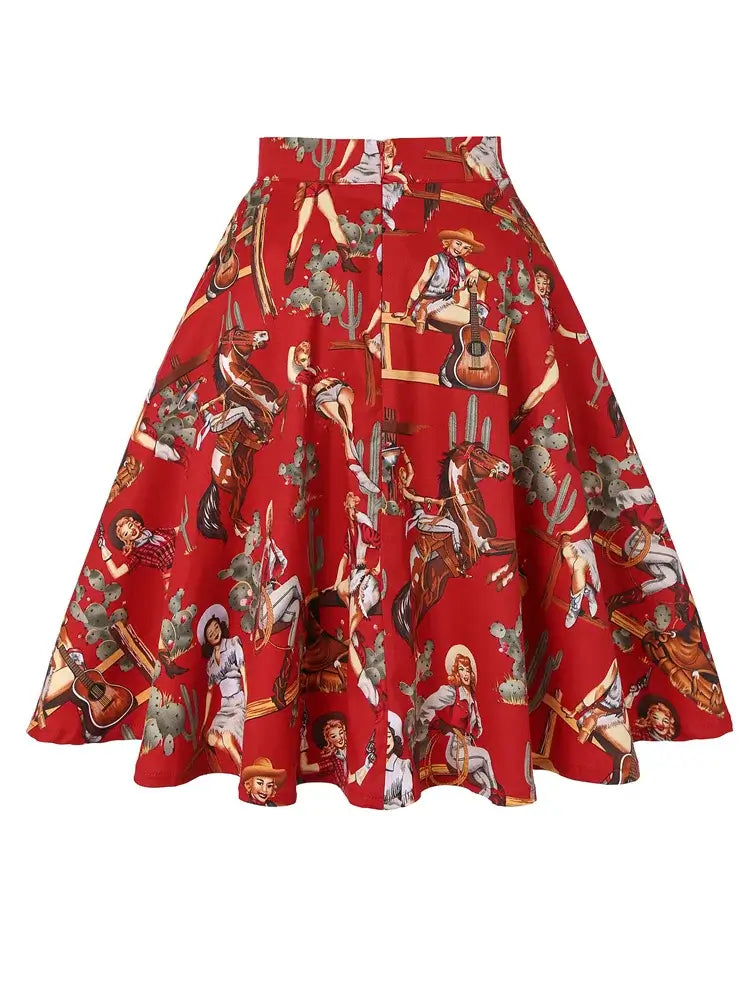Red flared skirt featuring a vibrant western print with cowgirl and cowboy motifs, perfect for a vintage style.