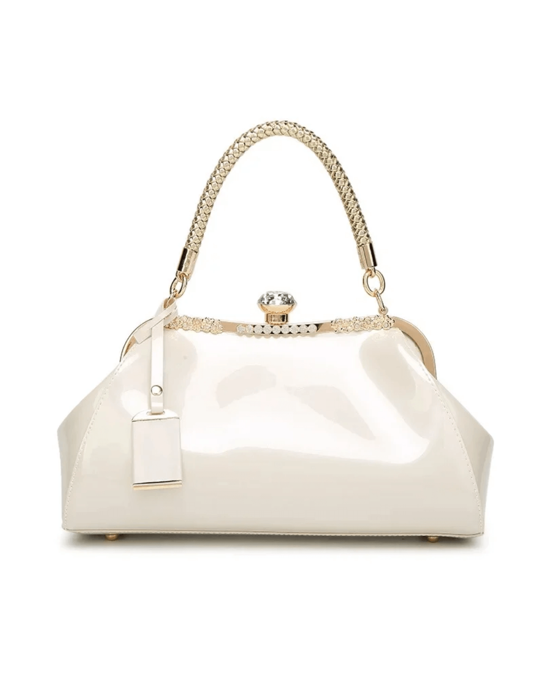 White patent women's handbag with a sleek design, braided handle, and rhinestone lock for a bold fashion statement.