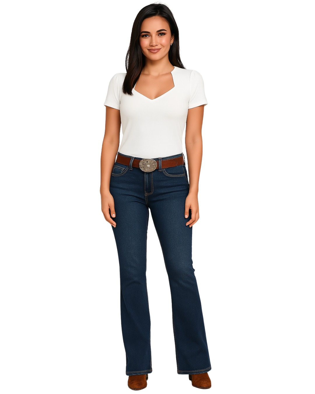 Woman wearing a white t-shirt and blue jeans on a white background