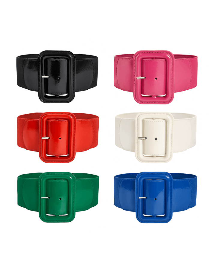 Colorful Patent Elastic Retro Belts in black, pink, red, white, green, and blue with oversized buckles.