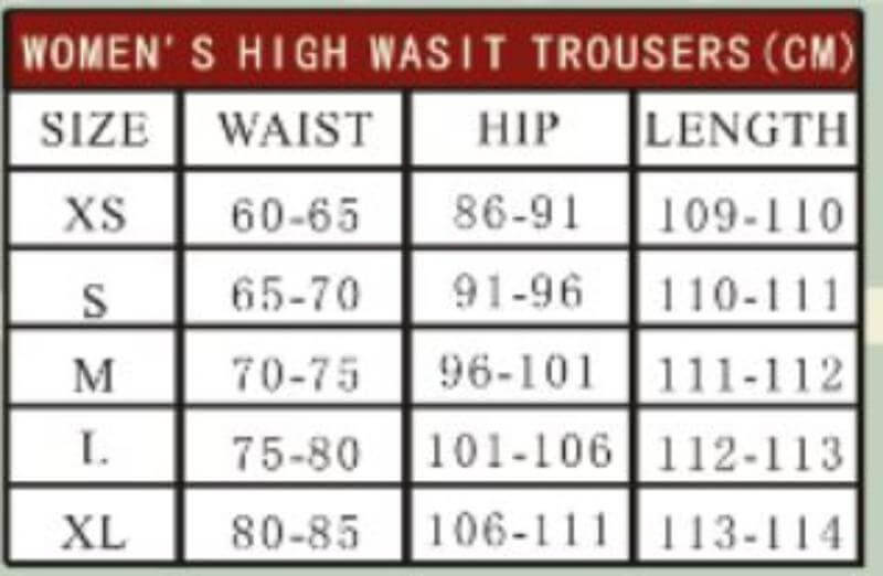 Size chart for women's high waist trousers, including measurements for waist, hip, and length in centimeters.