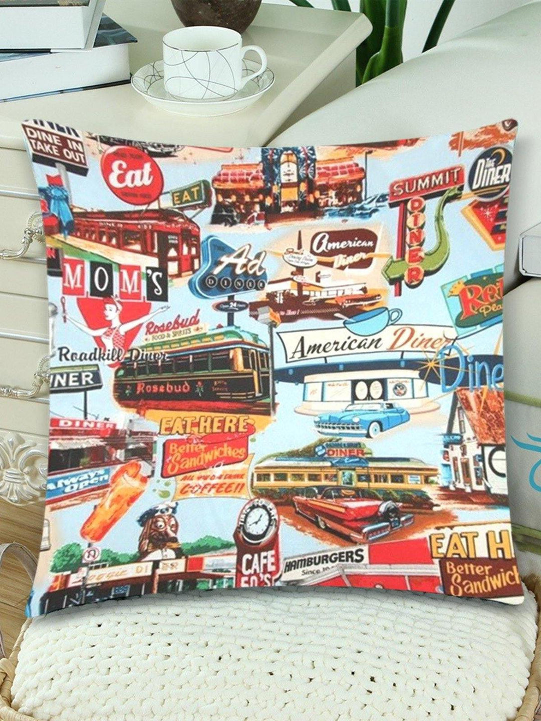 American Diner Throw Pillow Cover 18"x 18" (Twin Sides) (Set of 2)
