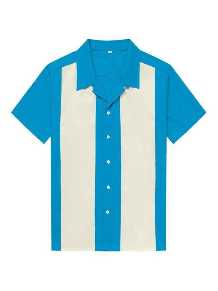 Mens Vintage Style Bowling Dress Shirt - BLUE/IVORY