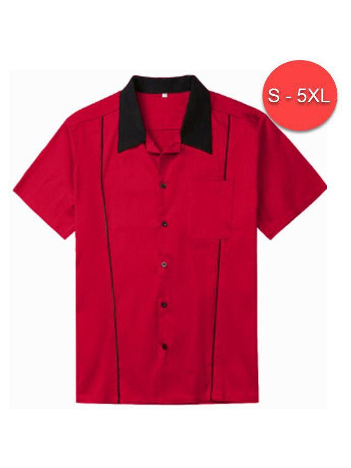 Mens Vintage Style Bowling Dress Shirt - RED WITH BLACK PIPING