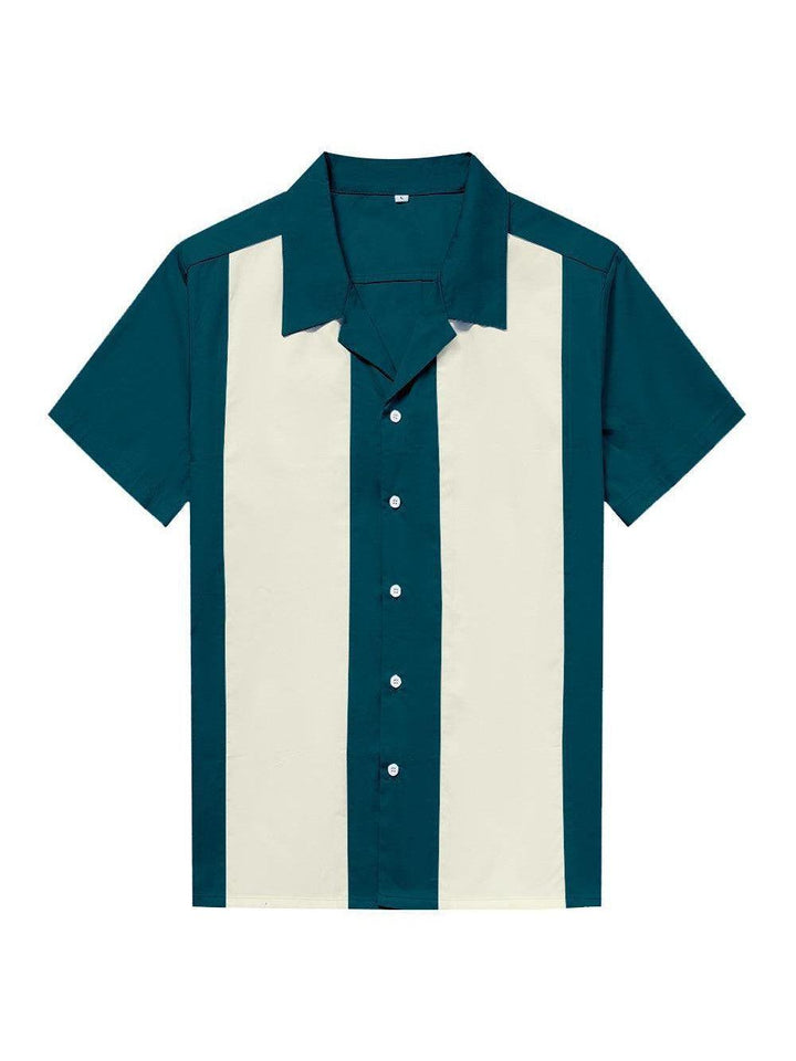 Mens Vintage Style Bowling Dress Shirt - TEAL/IVORY