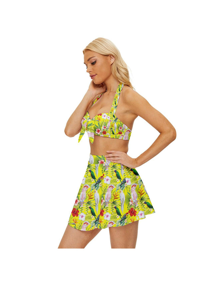 Parrots Vintage Style Bikini Top and Skirt Set