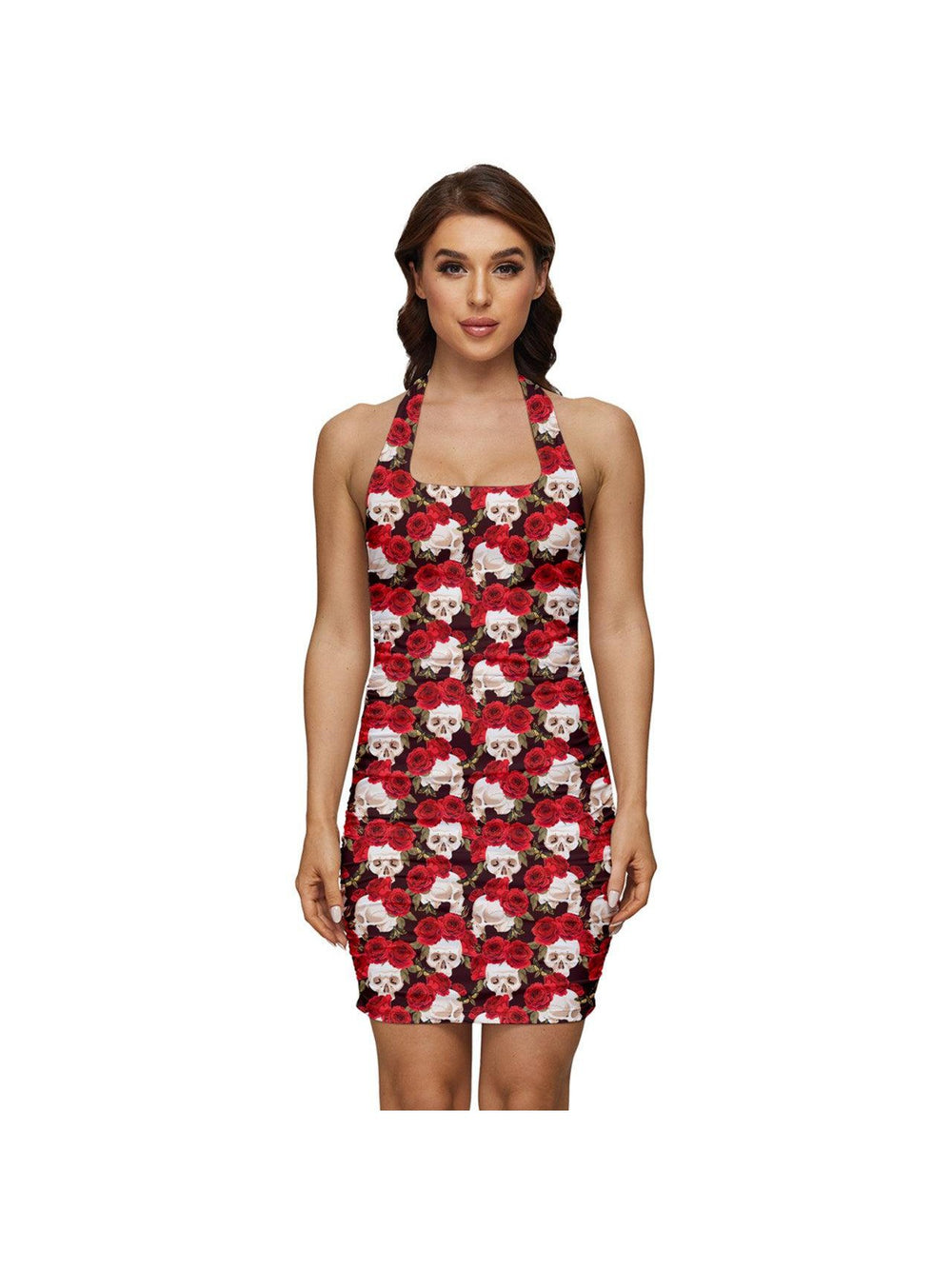 Red Roses and Skulls Ruched Halter Dress