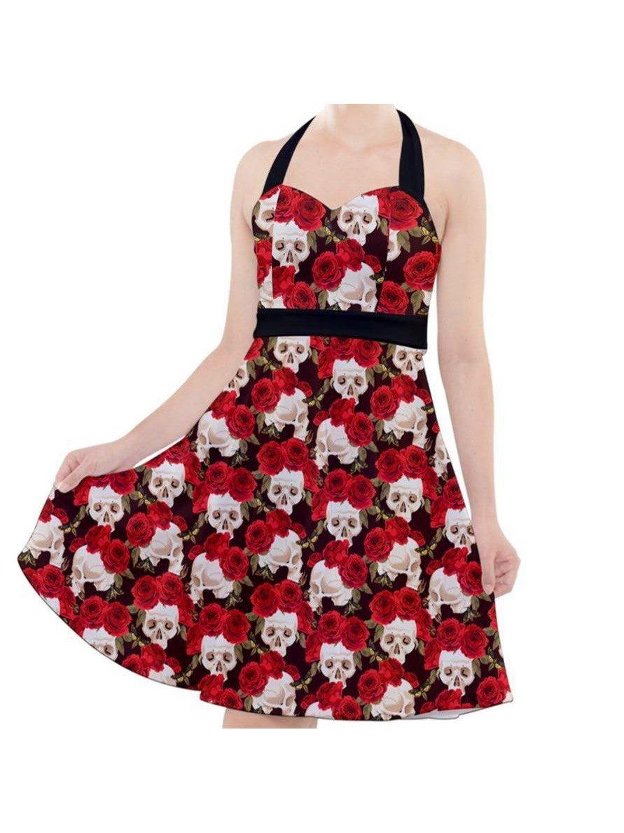 SKULLS AND ROSES Halter Party Swing Dress