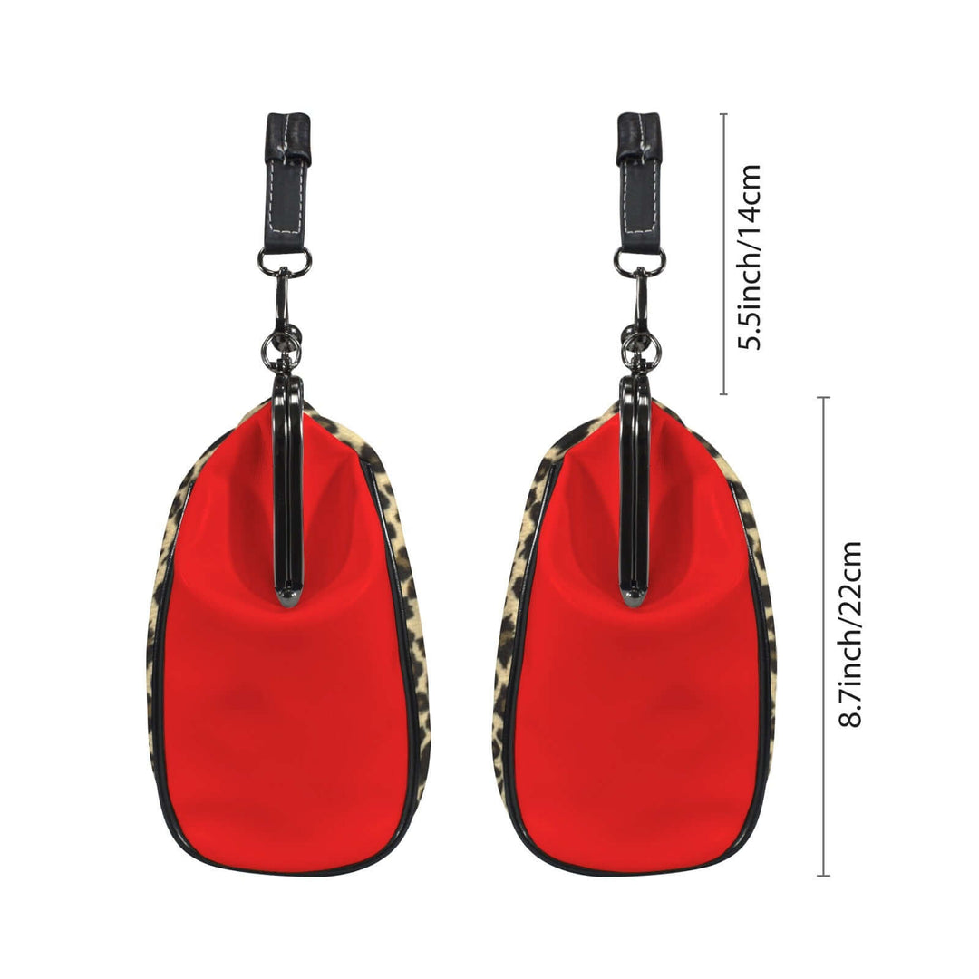 Measure of Kisslock Vintage Handbag Purse – La Cheetah with red design and leopard print accents.