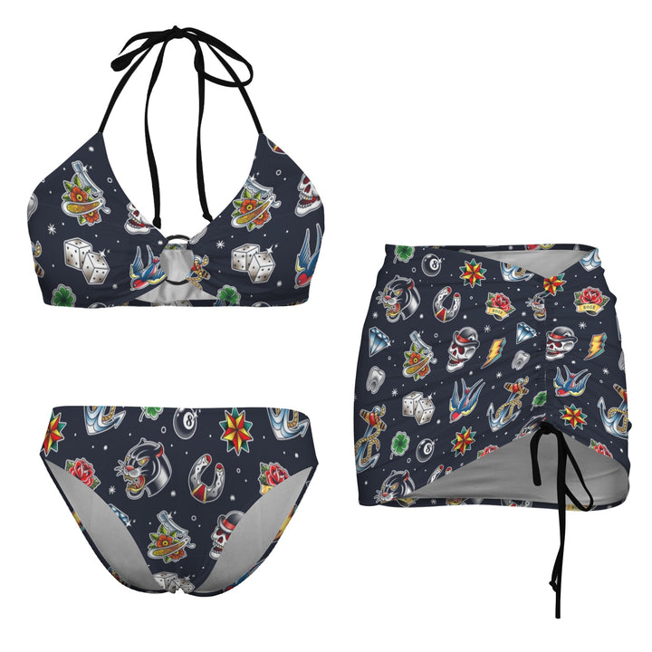 Old School Tattoo Retro Bikini Set with Skirt