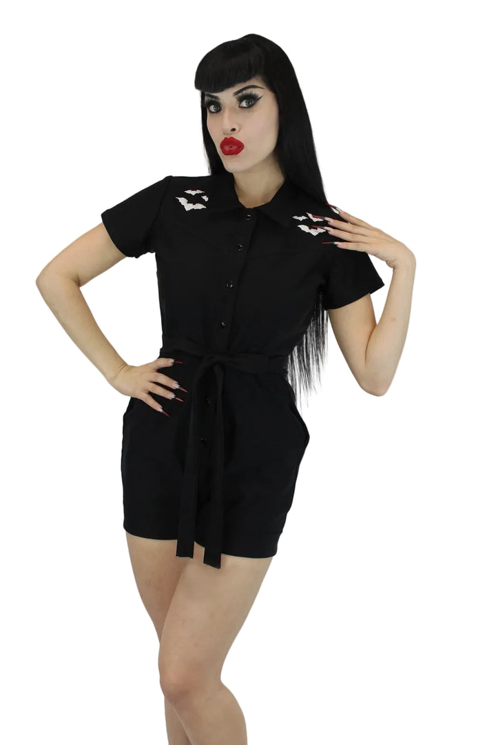 black romper with white embroidered bats