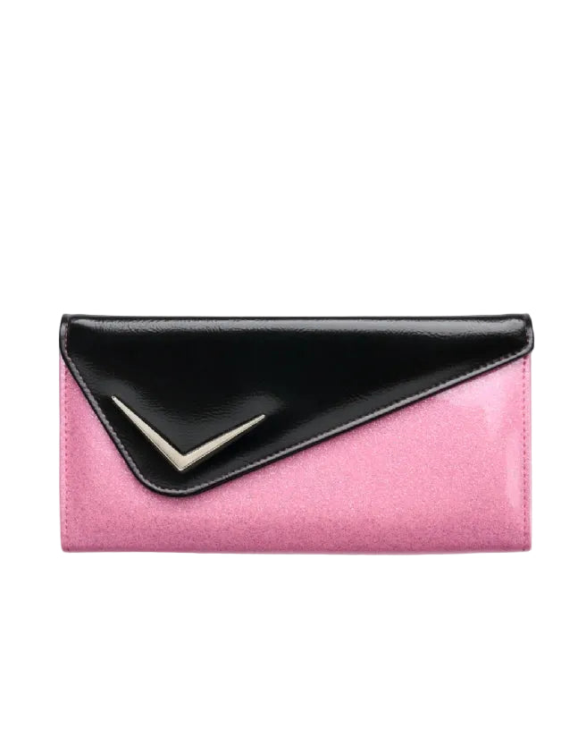Liquorbrand Vega pink glitter clutch retro envelope purse with black flap
