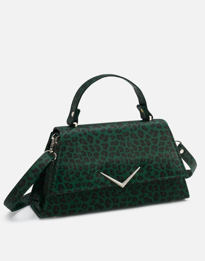 Liquorbrand green leopard print rumbler handbag with structured vintage bowling bag shape top handle rockabilly style purse
