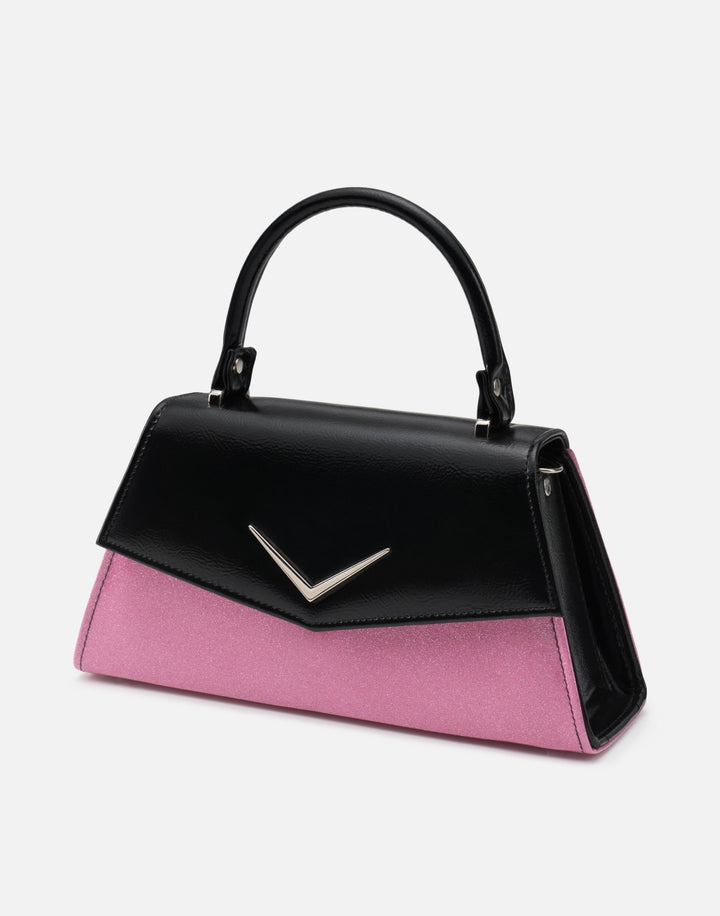 Liquorbrand black and pink chevron handbag with structured vintage bowling bag shape top handle rockabilly style purse